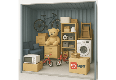 Bild von einem Lagerraum mit Möbeln aus einer kleinen Wohnung und Umzugskartons