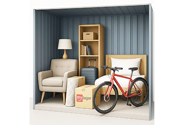 Bild von einem Lagerraum mit Wohnzimmereinrichtung und Umzugskartons