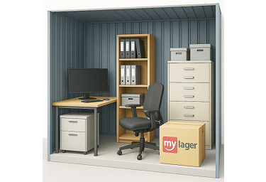 Bild von einem Lagerraum mit Büromöbeln und Umzugskartons